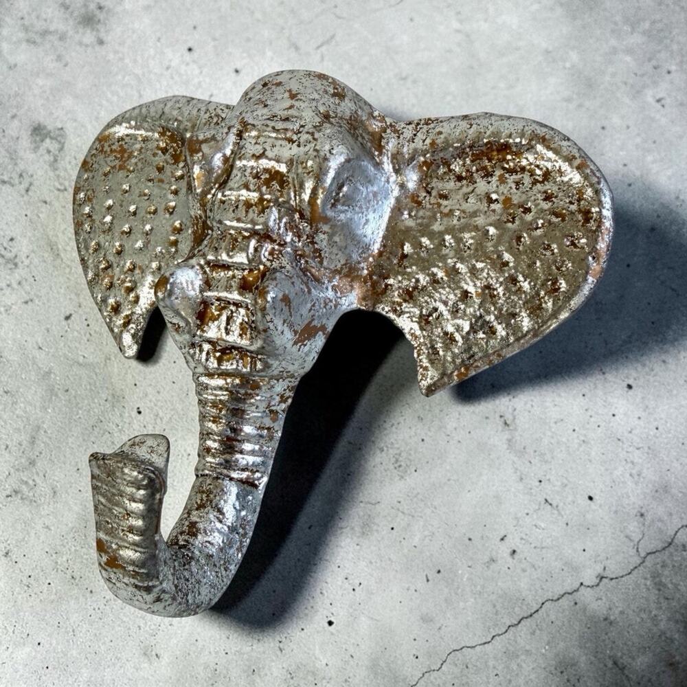 Vintage Silver Metal Elephant Wall Hook Coat Hanger 5”X 6.5”X 2"